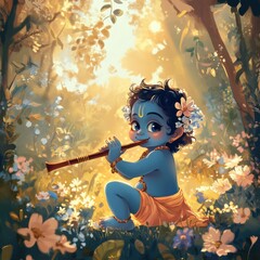 Fototapeta premium Cute Baby Krishna Playing Flute in Traditional Clothing, Depicting Hindu God Lord Krishna for Janmashtami and Govardhan Puja Celebrations