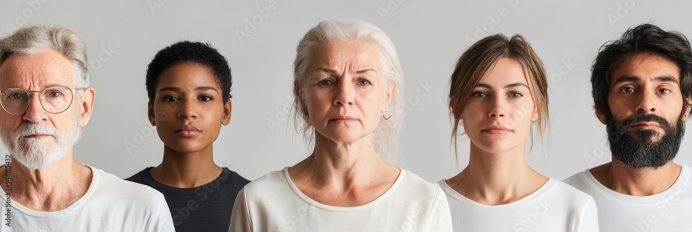 Fototapete a lineup of five individuals with different backgrounds and ages displays a range of serious express
