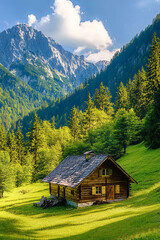 Idyllic alpine wooden mountain hut scenery in Austrian alps, forest trees and green meadows, sunny day, blue sky
