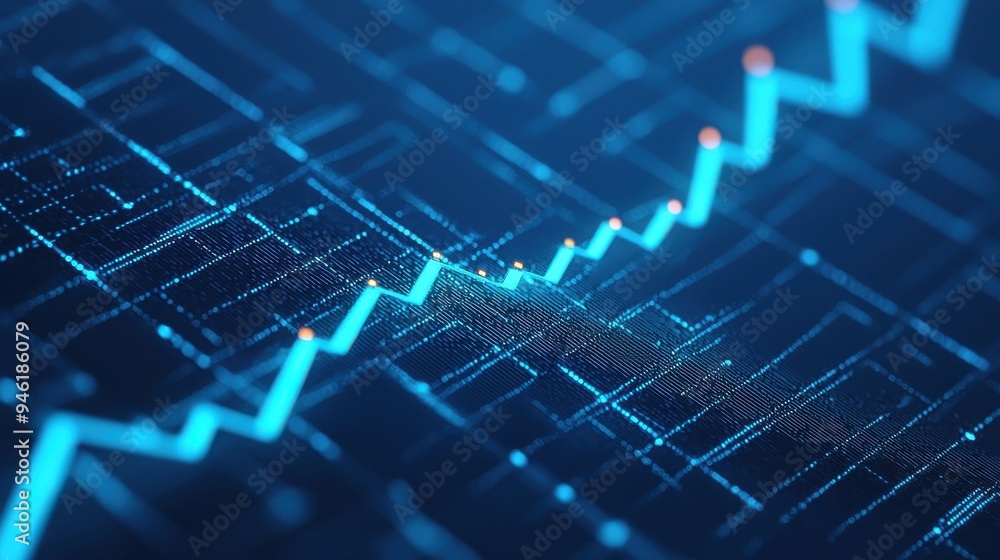 Poster complex financial graphs and charts in shades of blue, with multiple overlapping lines and a promine