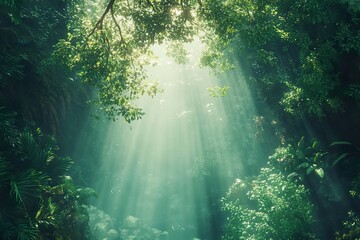 Fototapeta premium A lush, green rainforest canopy, teeming with life, viewed from above as sunlight filters through the leaves