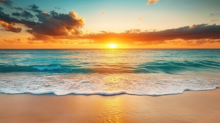 Obraz premium A beach wallpaper showing calm ocean with beautiful sky, clouds, and the sun