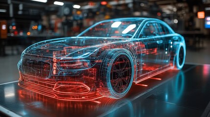 A holographic interface showcases a detailed car model in a high-tech environment, highlighting sophistication in vehicle design and technology.