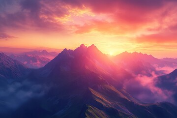 Fototapeta premium A majestic mountain range at sunrise, with mist rolling over the peaks and vibrant colors in the sky