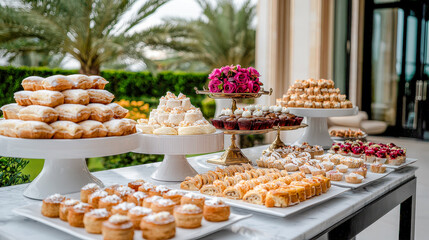 Fototapeta premium A Taste of Kuwait A Lavish Display of Traditional Kuwaiti and Arabic Cuisine Showcasing a Rich Variety of Dishes in an Opulent Dining Setting Celebrating Culinary Heritage and Flavors