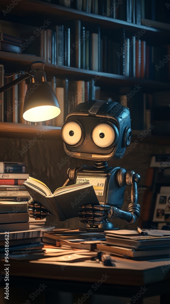 Poster robot reading a book under a desk lamp in a library