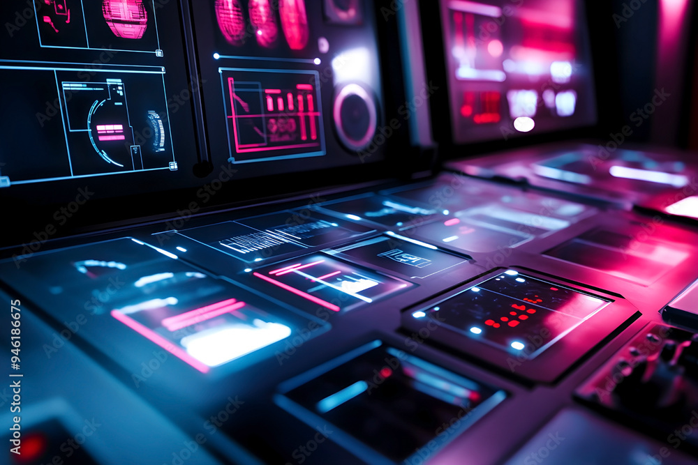 Poster close-up of futuristic digital control panels with red and blue glowing interfaces in a high-tech en