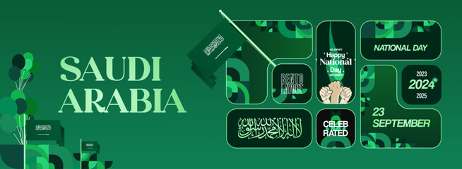 Saudi Arabia National Independence Day wide banner. Modern geometric abstract background in colorful style for Saudi Arabian holiday. Saudi Arabia National Day greeting card design with country flag.