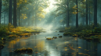 Fototapeta premium Quiet, tranquil stream in a misty forest, small fish swimming in the clear water, squirrels playing in the trees, soft light creating a magical atmosphere