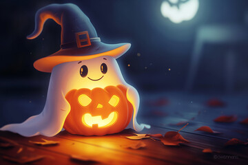 Halloween illustration of a little ghost holding a scary Jack-o'-lantern on a dark blue background