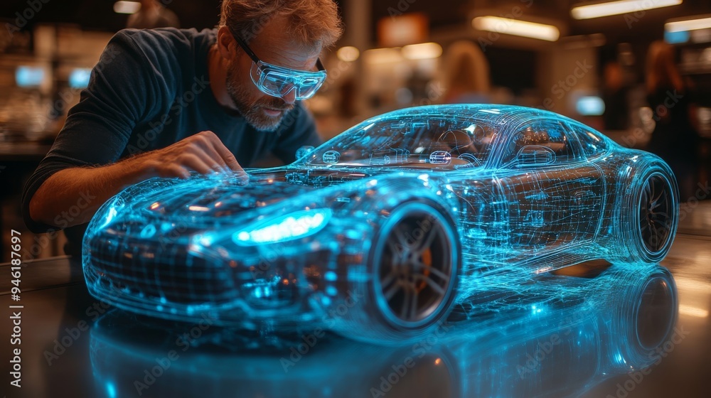 Poster a user engages with a holographic interface, meticulously manipulating a virtual car model within a 