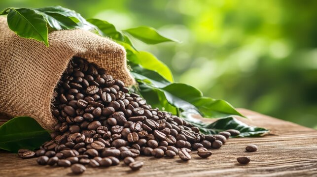 Coffee beans tumbling out of a burlap sack onto a rustic wooden table with a coffee plant in the backdrop