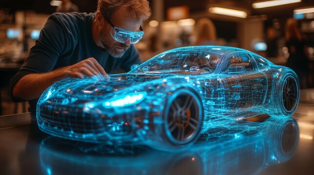 A user engages with a holographic interface, meticulously manipulating a virtual car model within a modern tech workspace during twilight hours. - Powered by Adobe