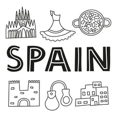 Spanish national landmarks and attractions in doodle style isolated on white background. Welcome poster. Spanish tourism concept.