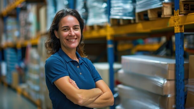 The warehouse worker smiling