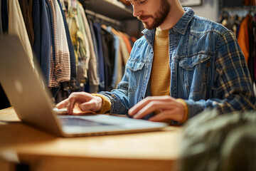 Fototapeta premium Young man buying clothing online and running blog 