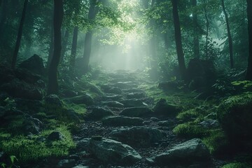 Obraz premium A mystical, ancient forest with towering trees, moss-covered rocks, and a gentle, glowing light filtering through