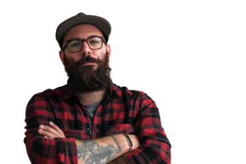Bearded Man in Plaid Shirt and Cap