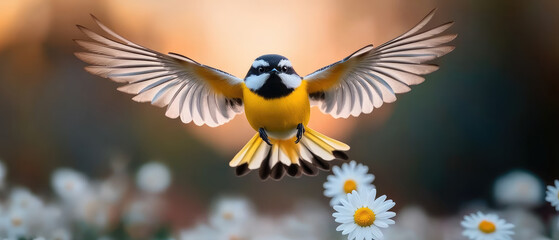 Fototapeta premium Vibrant blue and yellow bird in flight, wings outstretched, surrounded by daisies, soft warm background, showcasing natures beauty and freedom.