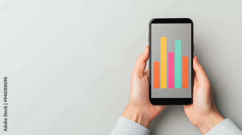 Poster hands holding a smartphone displaying a vibrant bar chart, with colorful textured bars in the backgr