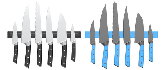 Set of chef's kitchen knives and kitchen utensil hanging on shelf on white background. 3d render cooking process step by step and accessories for cooking, blending and mixing