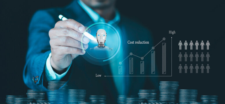 Cost reduction business finance concept, Businessman use Robot AI artificial intelligence technology employee replacing humans at work, with quality control growth graph and cost reduction