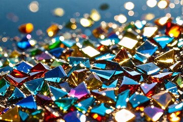 A detailed close-up of tiny glass fragments from a car window glittering in the sunlight