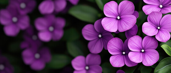 Vibrant purple flowers in full bloom, their delicate petals showcasing intricate veins, surrounded by lush green foliage against a softly blurred background.