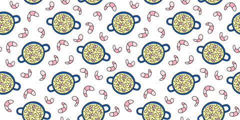 Seamless pattern with doodle Spanish paella and shrimps. Background with national rice meal, seafoods in pan.