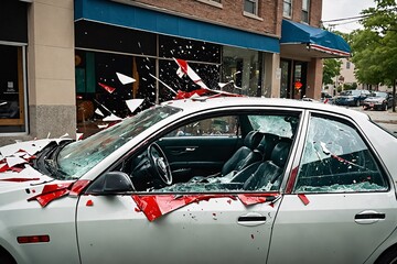 The eerie image of a car's side window breaking into pieces during a violent collision