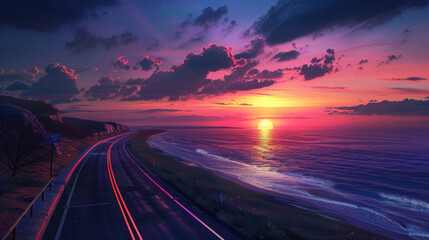 Obraz premium A coastal highway at sunset, with the road lit by the warm glow of the setting sun, the ocean reflecting the colors of the sky, and the horizon stretching endlessly