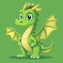 Fototapeta premium A Cartoon Green Dragon with Yellow Wings and Big Eyes