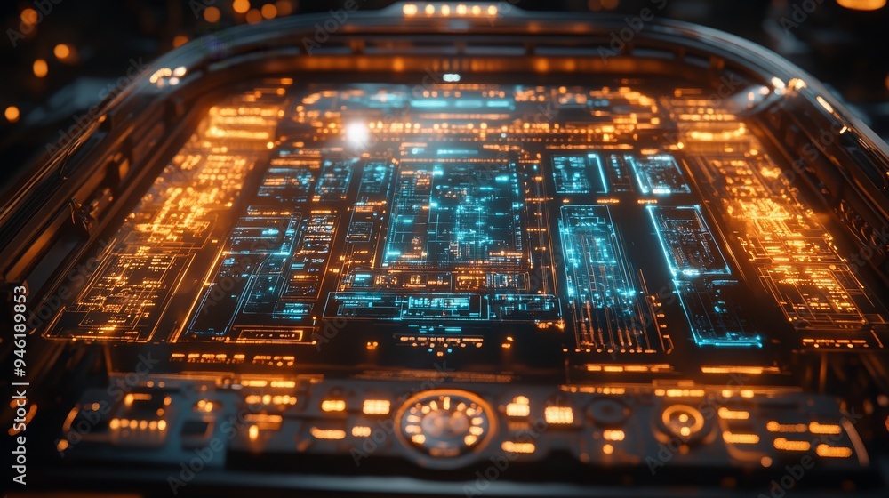Poster A futuristic holographic interface allows users to easily book flights with a visually striking display of glowing circuits and data.
