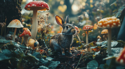Naklejka premium Magical photo of little bunny among red toadstools in forest