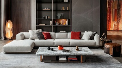 Luxury Living Room Interior with Sectional Sofa and Marble Coffee Table