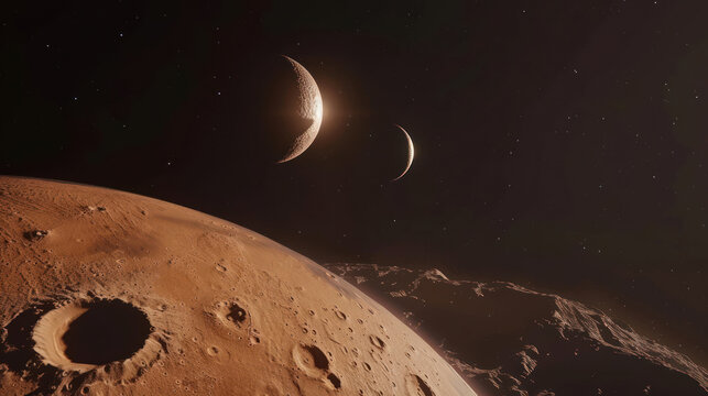 A close-up of Mars with its two moons in the background, Phobos large and cratered, Deimos small and distant, both orbiting the red planet under a dark sky