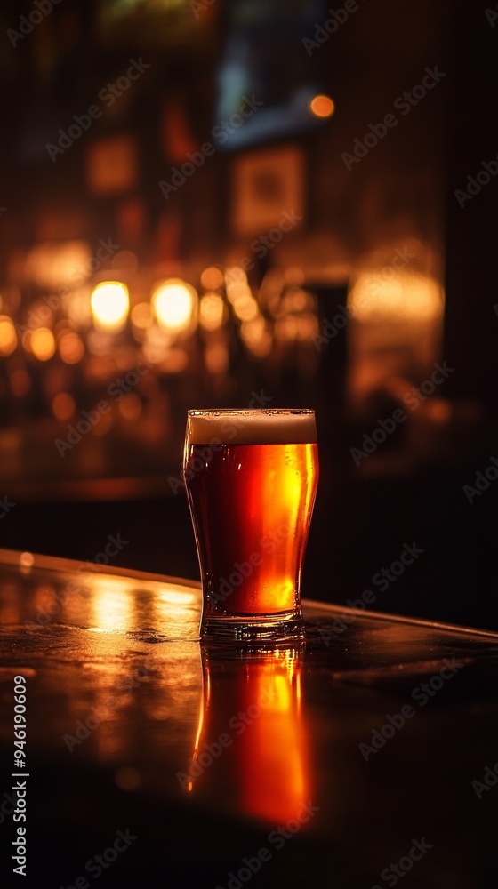 Poster pint of beer resting on bar top in busy pub