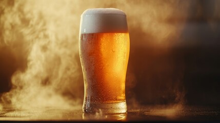 Cold glass of beer with condensation on smoky background