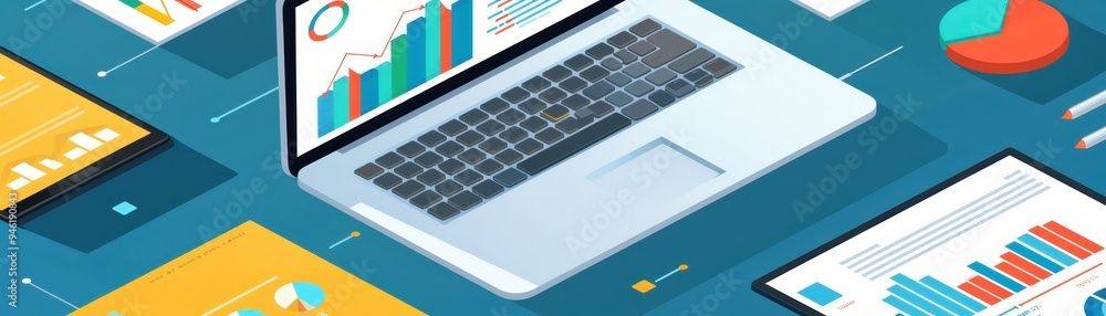 Poster laptop with charts and graphs, showcasing data analysis and business analytics on blue background. i
