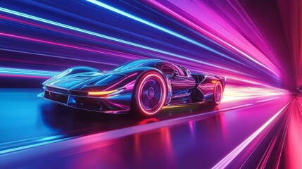 Modern electric sports car speeding in neon tunnel
