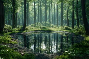A peaceful forest glade with a small, tranquil pond reflecting towering ancient trees