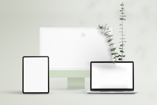 Workstation png mockup, digital device screen with computer, laptop, tablet