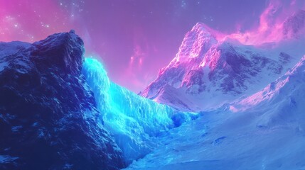 Snowy Mountain Peaks with a Purple and Blue Glow