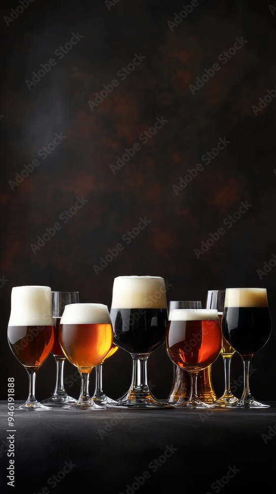 Poster different beer types standing on dark surface with dark background