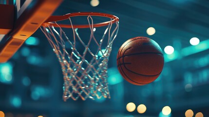 A close-up of a framed basketball with a blurred hoop in the background, capturing a moment of victory