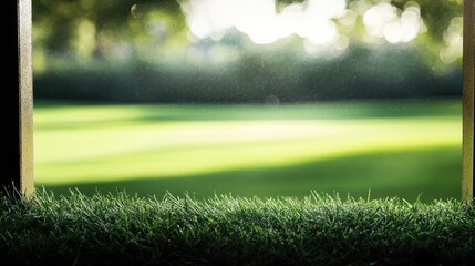 A close-up of a framed golf course with a blurred green background, highlighting the beauty of the fairway
