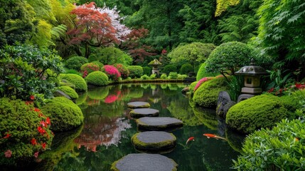 Tranquil Japanese Garden with Koi Pond and Stepping Stones