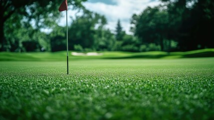 Obraz premium A close-up of a golf course framed, with a blurred flagstick in the background, capturing the focus of the game