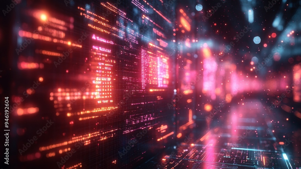 Poster a holographic interface displays coding lessons, featuring vibrant visuals and interactive elements 