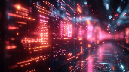 A holographic interface displays coding lessons, featuring vibrant visuals and interactive elements in a modern, immersive setting.